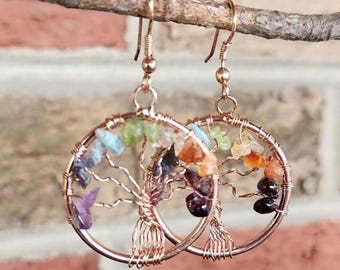 Genuine Chakra Stone Wire Wrapped Tree of Life Earrings Wrapped in Copper ( 1 1/3"H ) • Gifts for Her • Handmade • Natural Stones • Boho
