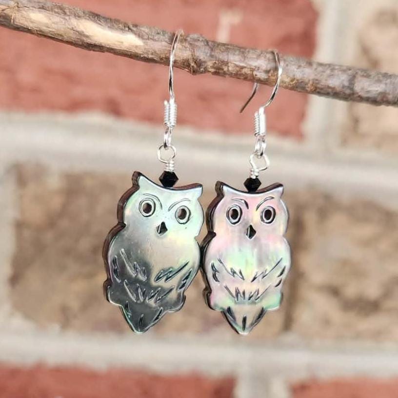 Genuine Black Mother of Pearl Owl Design Earrings Embellished with a Swarovski Crystal on a 925 Ster