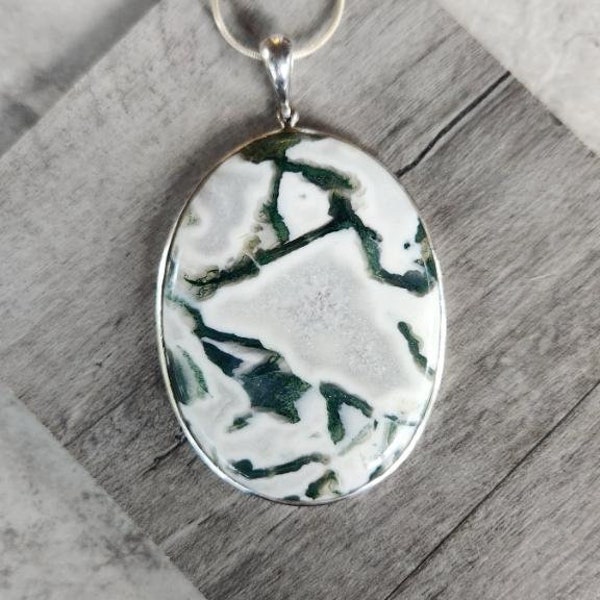 Genuine Tree Agate & 925 Sterling Silver Pendant on a 18" Sterling Silver Chain • (3"H x 2"W) • Trending • Gifts For Her • Handmade