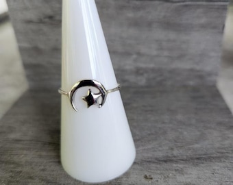 925 Sterling Silver Crescent Moon & Star Ring • Gifts for Her • Handmade • Trending • Unique • Celestial • Etherial • Lunar