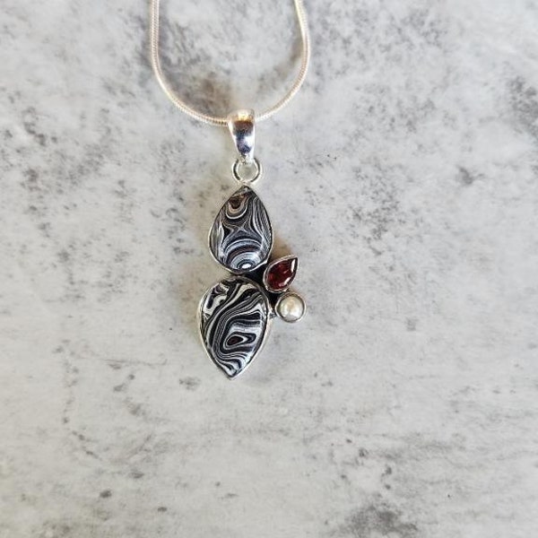 Genuine 2-Stone Fordite, Garnet & Freshwater Pearl Accent 925 Sterling Silver Pendant on 18" Sterling Silver Chain (1 6/8"H) • Gifts for Her