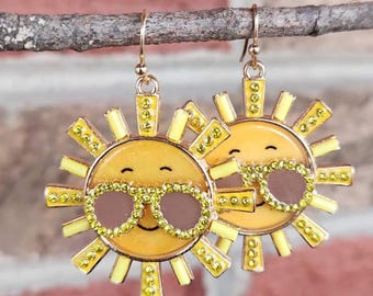 Darling Funky Sun Earrings Embellished in Crystals set in Gold Plate ( 1 1/2"H ) • Gifts for Her • Fun and Funky Jewelry • Spring Earrings