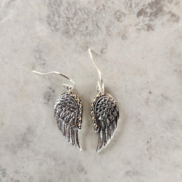 925 Sterling Silver Angel Wing Earrings With 14ct Gold Accents • Gifts for Her • Handmade • Unique • Trending