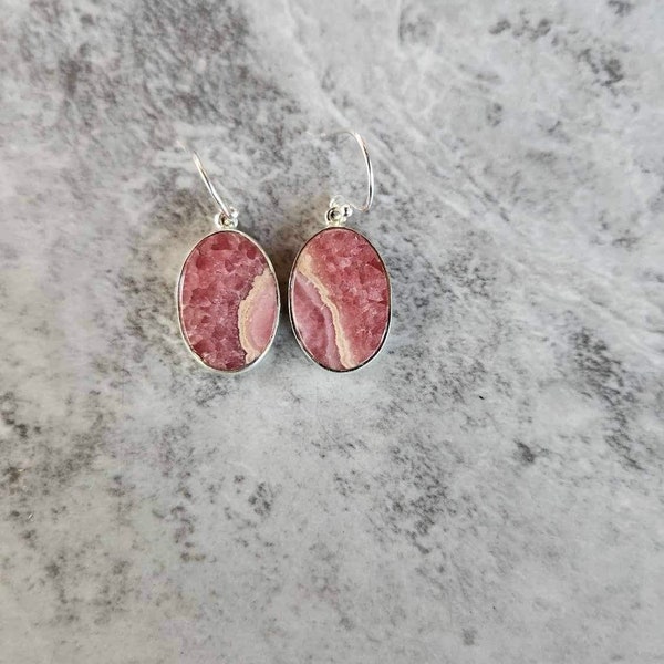 Genuine Rhodochrosite Oval Earrings set in 925 Sterling Silver ( 7/8"H ) • Gifts for Her • Handmade • Natural Stones • Pink Jewelry • Boho