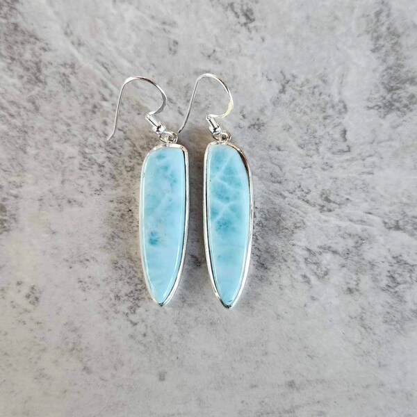 Genuine Larimar Stone Earrings set in 925 Sterling Silver ( 1 1/2"H ) • Gifts for Her • Handmade • Natural Stones • Beach Life Jewelry