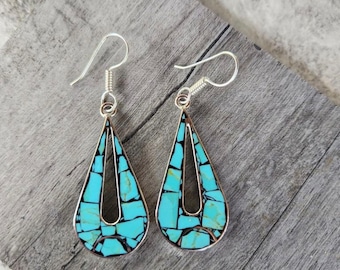 925 Sterling Silver & Turquoise Color Resin Teardrop Hoop Design Earrings • Gifts for Her • Handmade • Unique • Boho • Zen • Southwestern