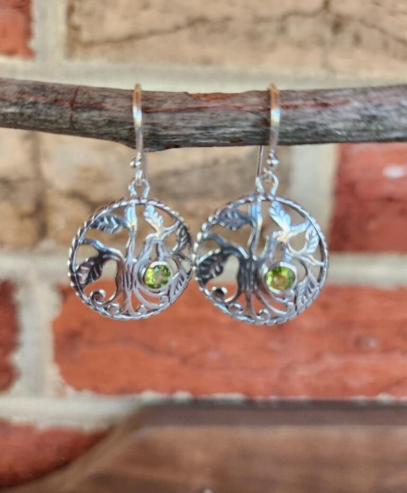 925 Sterling Silver Intricate Tree of Life Earrings With A Peridot Stone Gifts for Her Handmade Boho Unique Trending Ethnic image 1