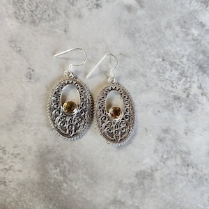 Bali Patina&#39;d Sterling Silver Oblong Hoop Earrings With An Intricate Design & Beautiful Center Citrine Stones