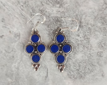 Genuine Lapis Four Stone Modern Design Earrings set in Plated Silver ( 1 1/4"H ) • Gifts for Her • Natural Stones • Handmade • Southwestern