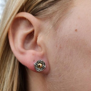 925 Sterling Silver Round Post Earrings With A 14ct Gold Center Accent • Gifts For Her • Trending • Unique • Handmade • Zen • Boho