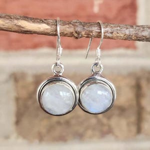 Genuine Moonstone Modern Design Circular Earrings set in 925 Sterling Silver ( 3/4"H ) • Gifts for Her • Handmade • Minimalist • Boho