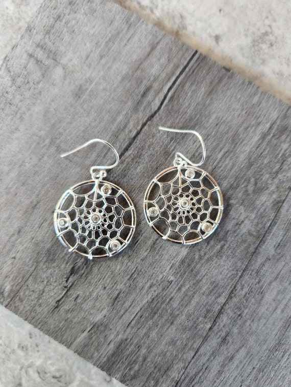 Silver Spiderweb Earrings With Swarovski Crystal Clear Accent Stones Perfect Halloween Gift