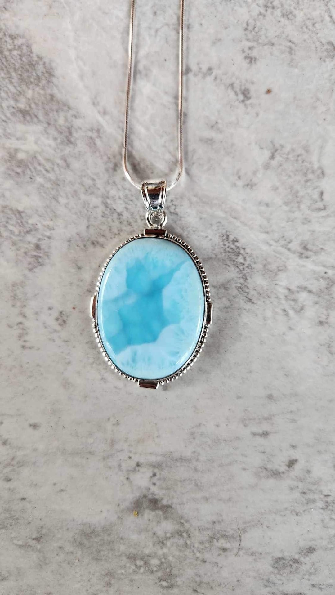 Pendentif Larimar Bleu Pâle Fait Main En Argent 925 - 1,75 Pouces - #P16099