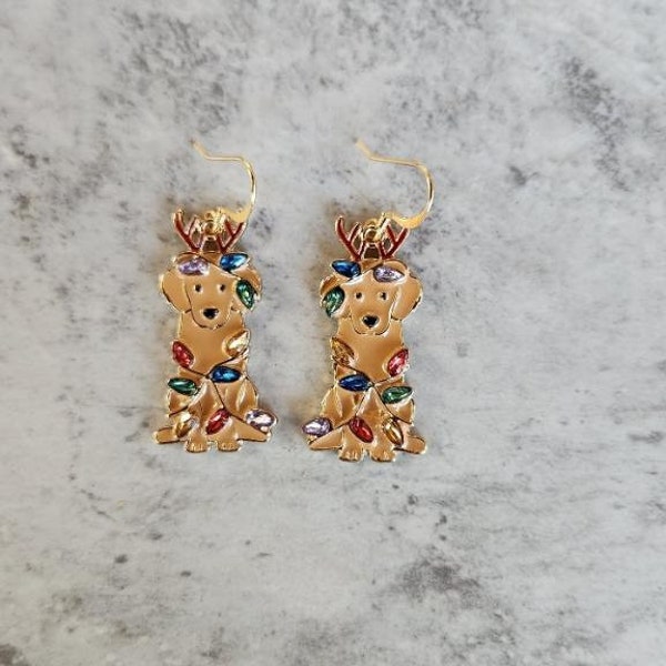 Darling Christmas Dog Earrings Wrapped in Christmas Lights • (1 1/3"H) • Gifts for Her • Trending • Handmade