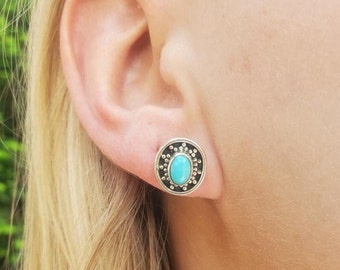 Turquoise & Sterling Silver Round Southwestern Design Post Earrings