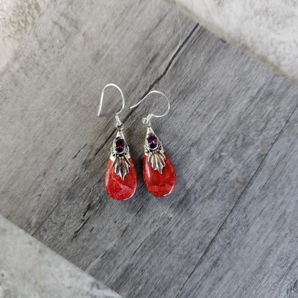 Coral Teardrop Earrings In A Beautiful Sterling Silver Setting With An Amethyst Stone Accent