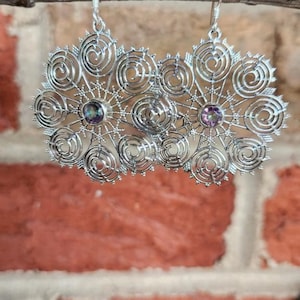 Genuine Mystic Topaz and 925 Sterling Silver Intricate Flower Earrings ( 1 1/2&quot;H ) • Gifts for Her • Handmade • Trending • Boho • Botanical