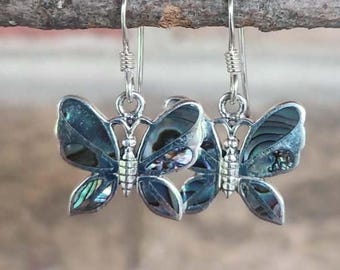 Genuine Inlaid Abalone Shell Butterfly Earrings set in 925 Sterling Silver ( 3/4"H ) • Gifts for Her • Handmade • Garden Jewelry • Boho