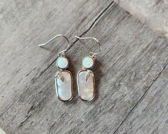 Mother of Pearl & White Opal Sterling Silver Rectangular Earrings Adorned With A Leaf Design • Gifts for Her • Handmade • Trending • Unique