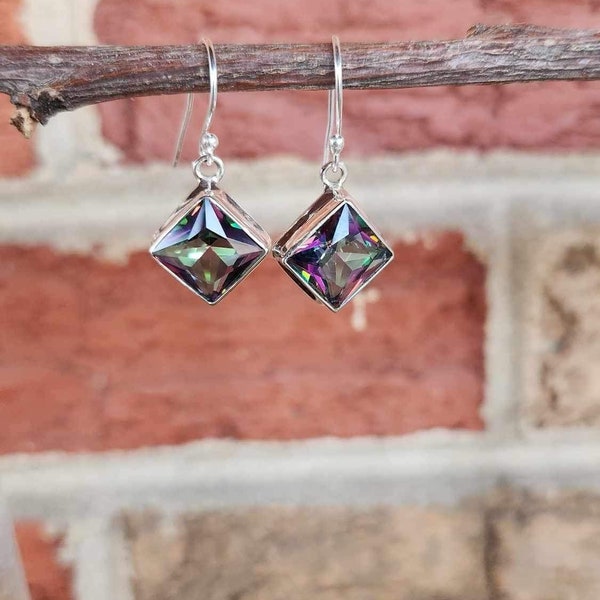 Genuine Mystic Topaz and 925 Sterling Silver Earrings ( 3/4"H ) • Gifts for Her • Handmade • Trending • Minimalist • Modern Design • Boho