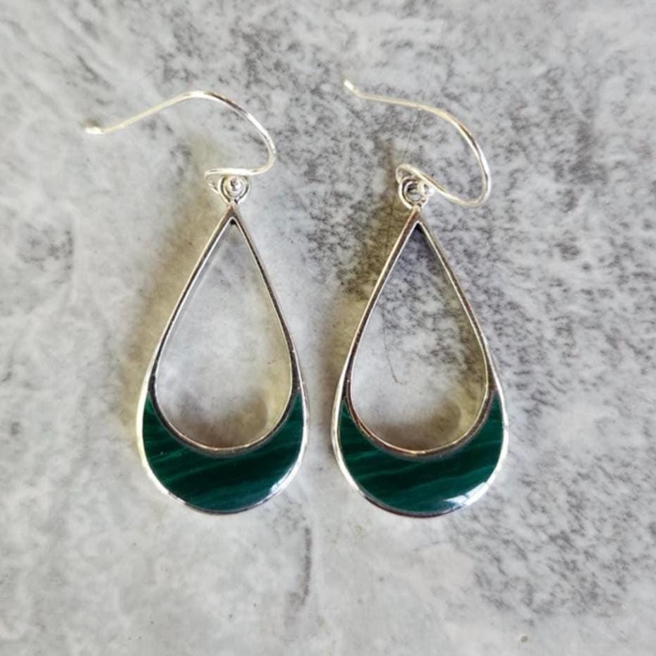 Genuine Inlaid Malachite Teardrop Earrings set in 925 Sterling Silver ( 1 1/4"H ) • Gifts for Her • Handmade • Simple Jewelry • Classic