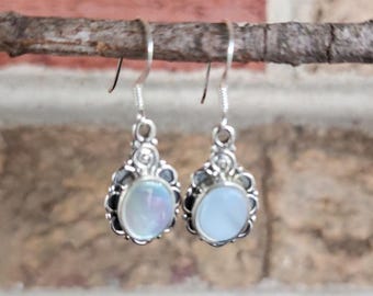 Genuine Mother of Pearl Bohemian Earrings set in 925 Sterling Silver ( 2/3"H ) • Gifts for Her • Handmade • Natural Shells • Minimalist
