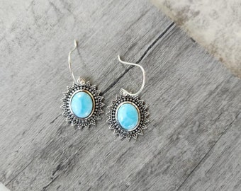 Genuine Larimar and 925 Sterling Silver Sunburst Earrings • Gifts For Her • Handmade • Trending Blue • Floral • Boho • Minimalist