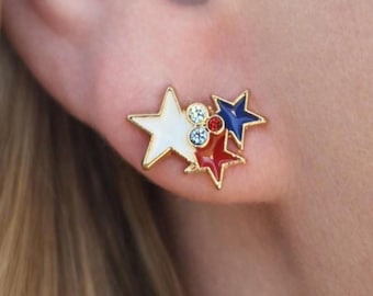 Red, White and Blue Three Star Patriotic Post Earrings set in Gold Plate ( 1/2"H ) • Gifts for Her • Flag Jewelry • Fourth of July • Boho