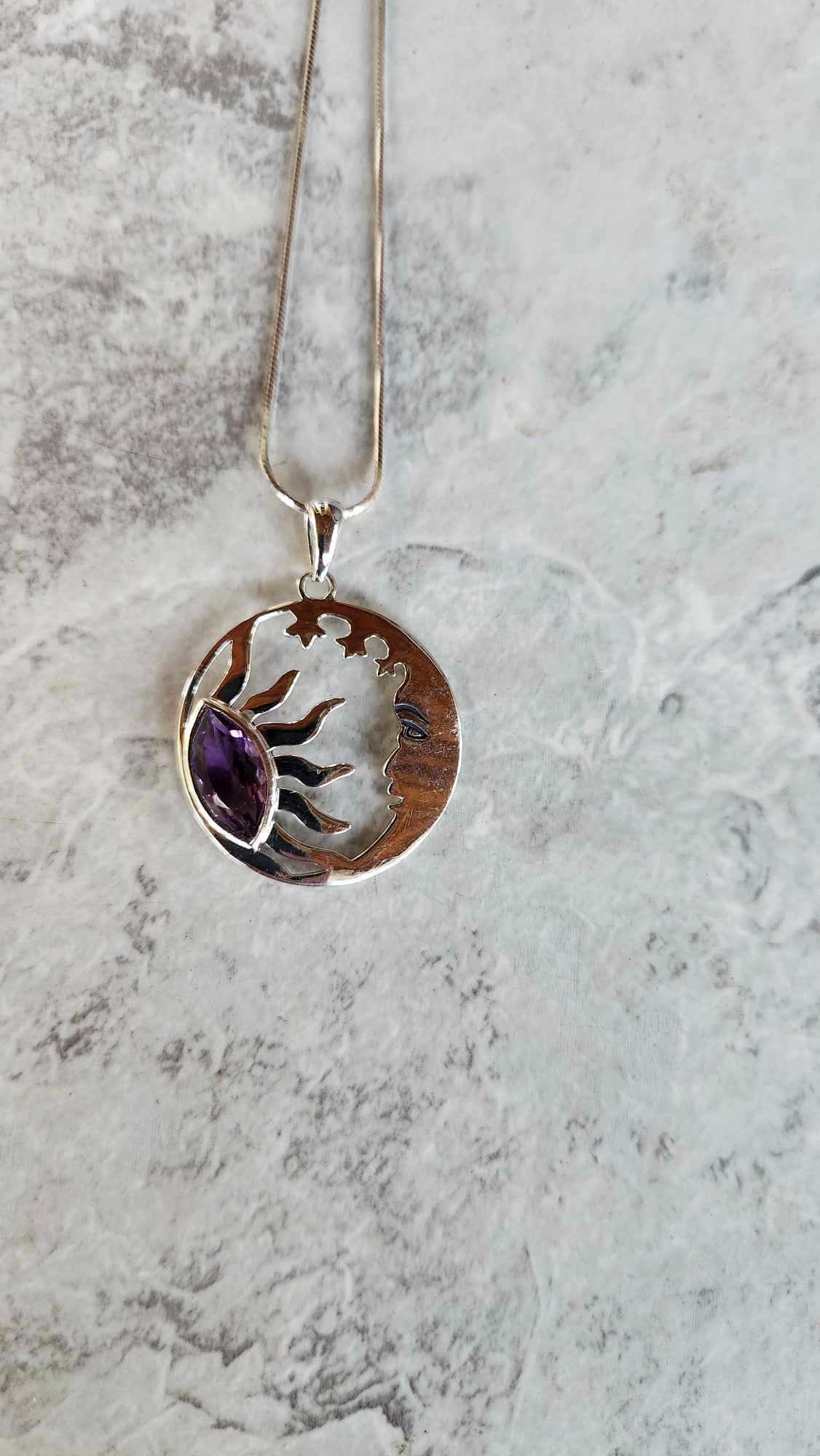 Genuine Amethyst and 925 Sterling Silver Crescent Moon and Sun Pendant set in 925 Sterling Silver on a 18" Sterling Chain ( 1 1/2"H ) • Boho