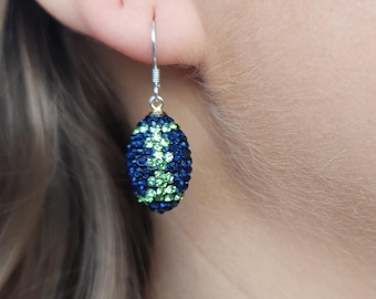 Navy Blue and Green Swarovski Crystal Football Earrings set in 925 Sterling Silver! Perfect For the Seahawks Fan! Gifts for Her