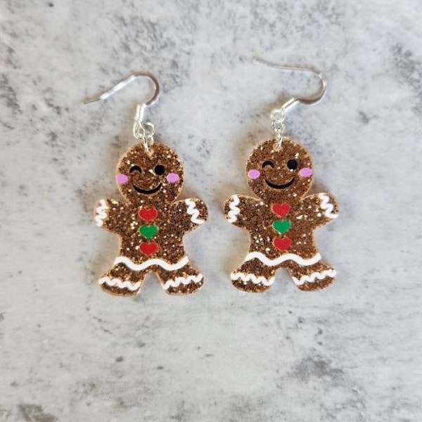 Darling Gingerbread Man Earrings Made out of Gold Glitter Resin • (1 1/4"H) • Gifts for Her • Trending • Handmade