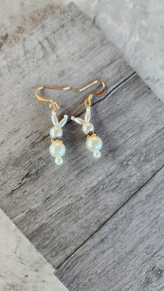 Darling Handmade Pearl and Crystal Easter Bunny Earrings With a