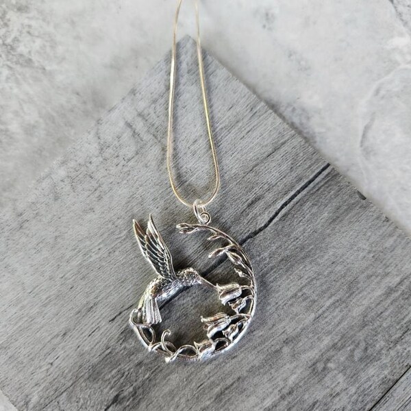 925 Sterling Silver Hummingbird and Vine Pendant On a 18" Sterling Silver Chain ( 1 1/2"H x 1 1/4"W ) • Gifts for Her • Handmade • Trending