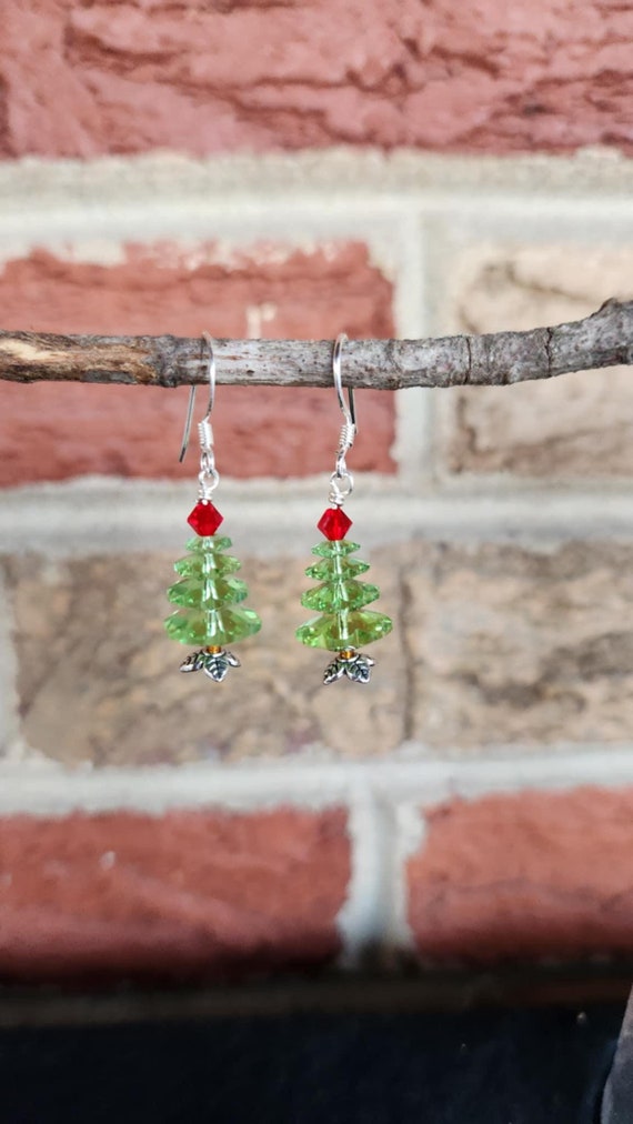 Genuine Swarovski Crystal Peridot Green Layered Christmas Tree Earrings Wire Wrapped in 925 Sterling Silver ( 1"H ) • Holiday Jewelry