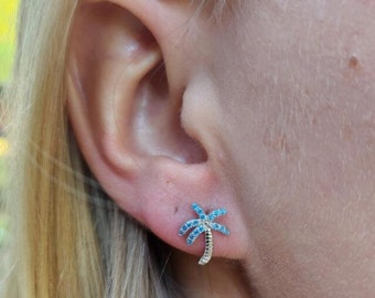 Sterling Silver Palm Tree Earrings Embellished With Tiny Blue Crystal Stones