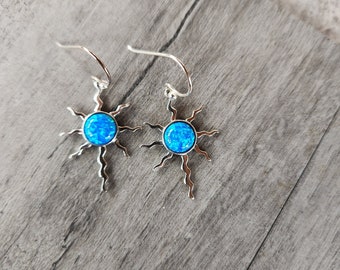 Blue Hawaiian Opal & Sterling Silver Sun Design Earrings • Gifts for Her • Blue • Trending • Handmade • Celestial Jewelry • Lunar