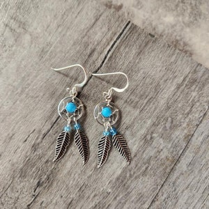 Sterling Silver God&#39;s Eye Earrings With A Turquoise Center Stone & Two Feather Drops • Gifts for Her • Navajo • Trending • Handmade • Boho