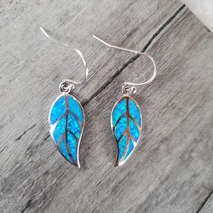 May include: A pair of silver dangle earrings with blue opal leaf designs.