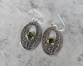 Unique Oval Patina'd Intricate Sterling Silver Earrings With A Beautiful Peridot Center Stone