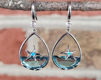 Beautiful Sea Glass Teardrop Starfish Teardrop Beach Earrings set in Stainless Steel ( 1"H ) • Gifts for Her • Handmade • Beach Life • Boho