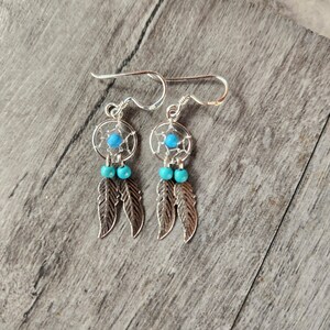 Sterling Silver God&#39;s Eye Earrings With A Turquoise Center Stone & Two Feather Drops • Gifts for Her • Navajo • Trending • Handmade • Boho