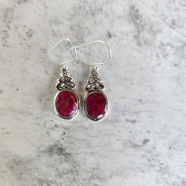 Genuine Faceted Ruby and 925 Sterling Silver Earrings in a Leaf/Vine Design ( 1"H ) • Gifts for Her • Handmade Jewelry • Trending • Boho