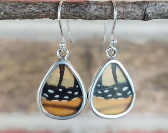 Pendientes de alas de mariposa monarca auténticas, encapsulados en resina y engastados en plata de ley 925 (2/3" de alto) • Regalos para ella • Hechos a mano • Florales • Estilo bohemio