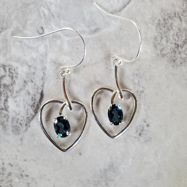 London Blue Topaz & Sterling Silver Unique Wire Wrapped Heart Earrings