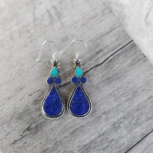 Lapis and Turquoise Teardrop Earrings set in Tibetan Coin Silver ( 1 1/4&quot;H ) • Gifts for Her • Handmade • Trending • Bohemian Jewelry