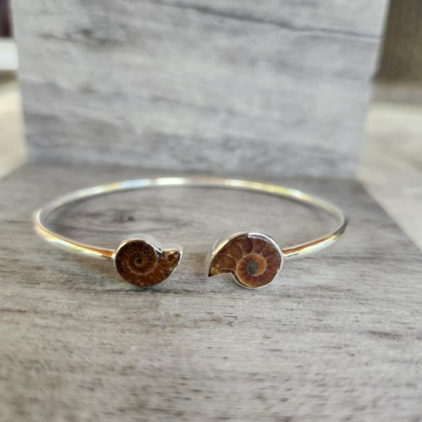 Genuine Two Stone Ammolite & 925 Sterling Silver Flexible Cuff Bracelet • Gifts for Her • Handmade • Trending • Boho • Zen • Unique • Ethnic