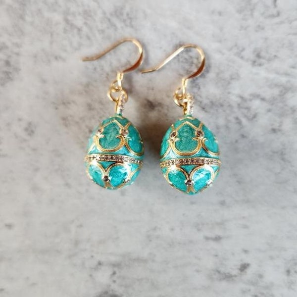 Awesome Faberge Easter Egg Design Green Color Earrings with a Gold Crystal Swirl Design ( 1" ) • Gifts for Her • Easter Earrings • Holiday