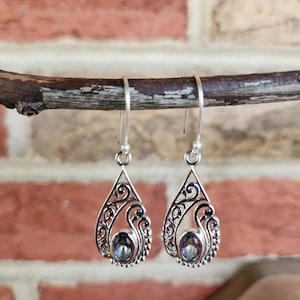 Genuine Mystic Topaz and 925 Sterling Silver Teardrop Earring With A Intricate Cutout Design • Gifts For Her • Boho • Trending • Minimalist