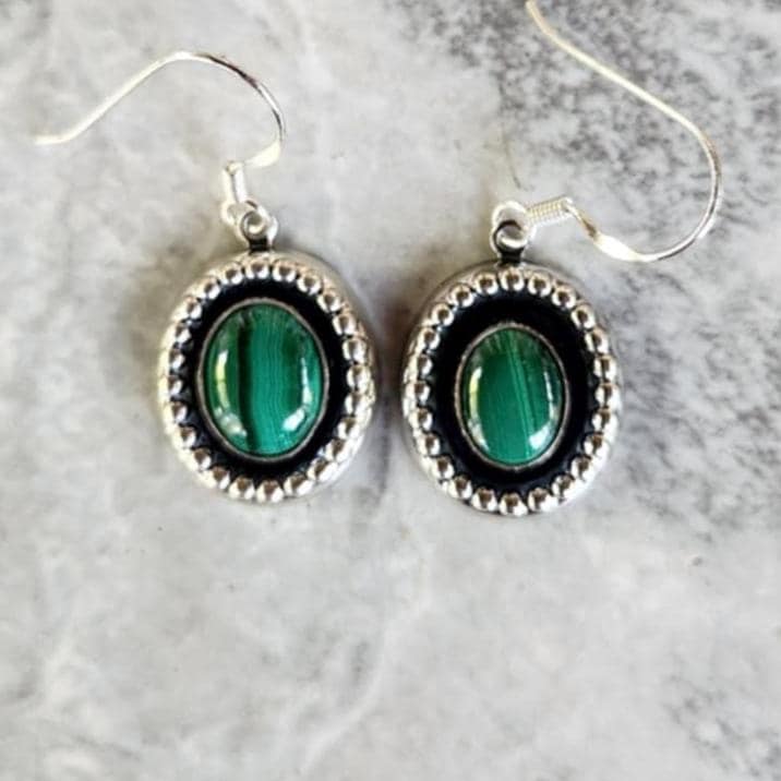 Genuine Malachite Oval Earrings set in 925 Sterling Silver ( 3/4"H ) • Gifts for Her • Handmade • Natural Stones • Green Stones • Bohemian