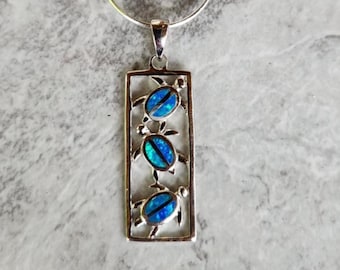 Genuine Blue Opal Three Tiered Sea Turtle Pendant set in 925 Sterling Silver on a 18&quot; Sterling Silver Chain ( 1 1/2&quot;H ) • Gifts for Her